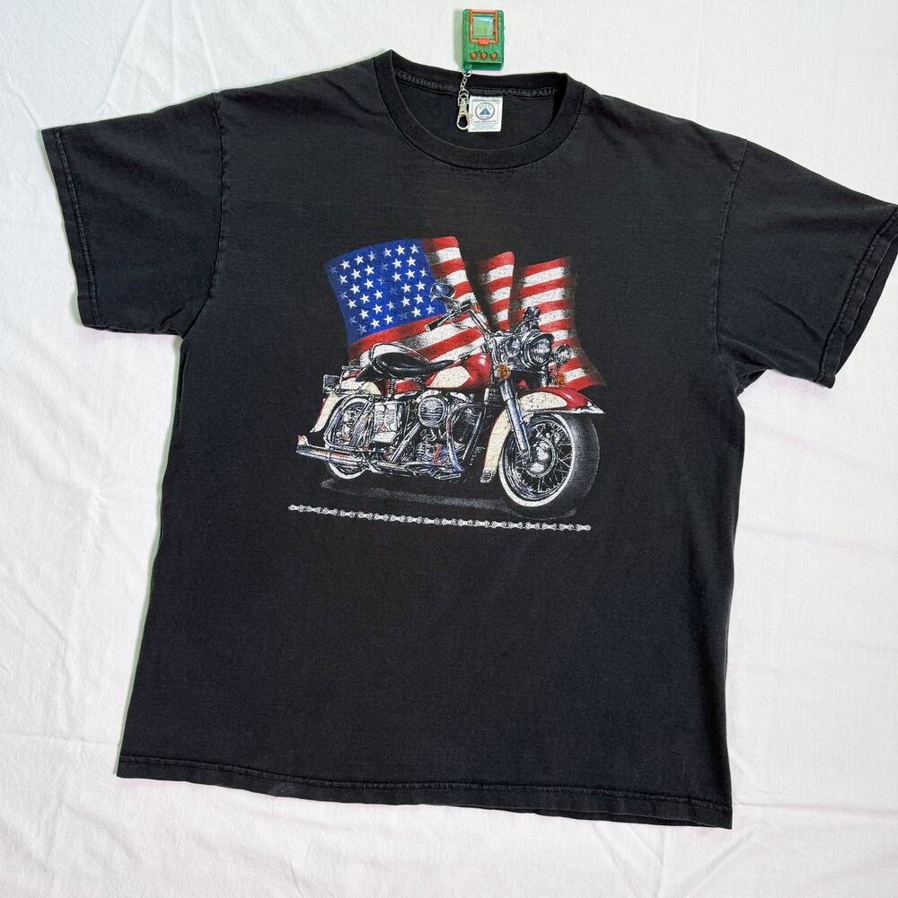 Vintage Faded Biker American Flag T-Shirt Cotton USA - L